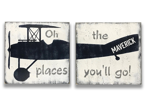 Oh The Places You'll Go Personalized Vintage Airplane Wall Sign Set