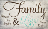 family where life begins & loves never ends wood wall sign