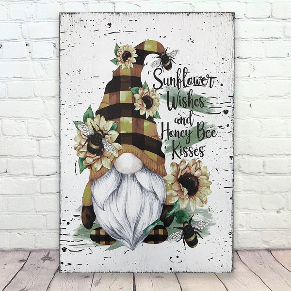 Sunflower Wishes And Honey Bee Kisses Gnome Sign – Rusticly Inspired Signs